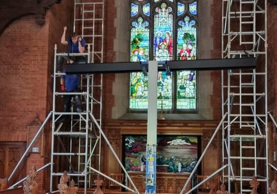 image of installation of large scale audio visual solutions in a chapel